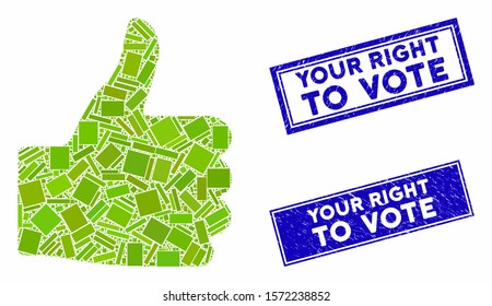 Mosaic thumb up icon and rectangle Your Right to Vote stamps. Flat vector thumb up mosaic icon of random rotated rectangle elements. Blue Your Right to Vote stamps with scratched texture.