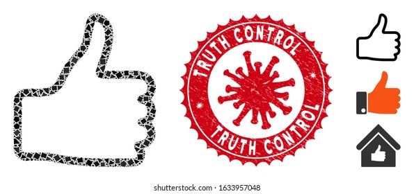 Mosaic thumb up icon and red round grunge stamp seal with Truth Control text and coronavirus symbol. Mosaic vector is created with thumb up icon and with randomizedrough parts.