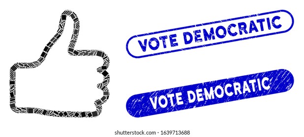 Mosaic thumb up icon and red round rubber stamp seal with Vote Democratic phrase and coronavirus symbol. Mosaic vector is created with thumb up pictogram and with scattered round items.