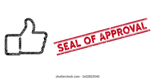 Mosaic thumb up icon and red Seal of Approval rubber print between double parallel lines. Flat vector thumb up mosaic icon of randomized rotated rectangular items.