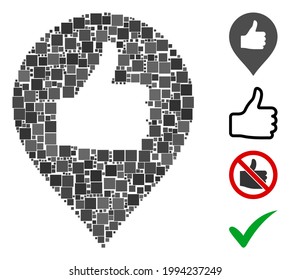 Icono de marcador de mapa de desplazamiento mosaico unido de elementos cuadrados en tamaños variables y tonos de color. Los elementos cuadrados vectoriales se organizan en un botón de composición abstracta hacia arriba del icono de marcador de mapa.