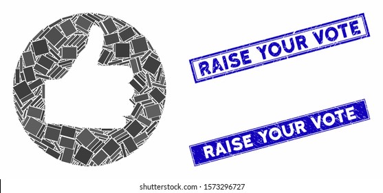 Mosaic thumb up pictogram and rectangular Raise Your Vote seal stamps. Flat vector thumb up mosaic pictogram of scattered rotated rectangle elements.