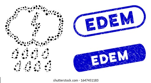 Mosaic thunderstorm and grunge stamp seals with Edem caption. Mosaic vector thunderstorm is designed with scattered oval dots. Edem seals use blue color, and have round rectangle shape.