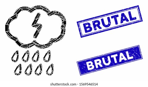Mosaic thunderstorm icon and rectangle seals. Flat vector thunderstorm mosaic icon of scattered rotated rectangle items. Blue caption rubber seals with distress texture.