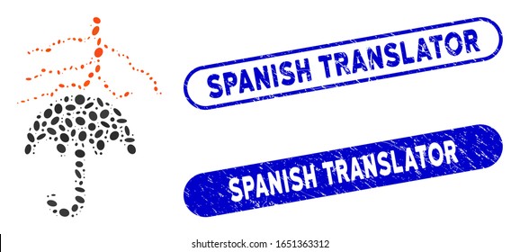 Mosaic thunderstorm lightning umbrella and corroded stamp seals with Spanish Translator phrase. Mosaic vector thunderstorm lightning umbrella is created with scattered elliptic spots.