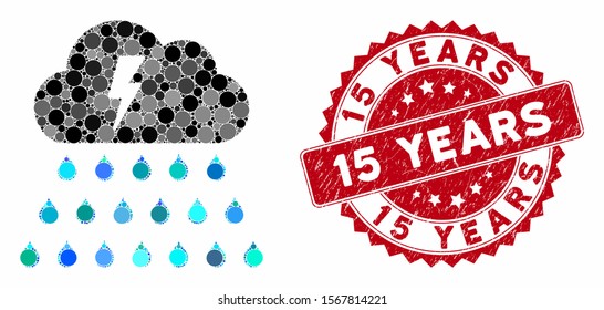 Mosaic thunderstorm rain cloud and grunge stamp seal with 15 Years text. Mosaic vector is designed with thunderstorm rain cloud icon and with scattered round spots. 15 Years stamp uses red color,