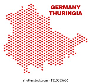 Mosaic Thuringia Land map of love hearts in red color isolated on a white background. Regular red heart pattern in shape of Thuringia Land map. Abstract design for Valentine illustrations.