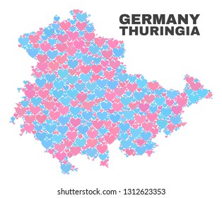 Mosaic Thuringia Land map of lovely hearts in pink and blue colors isolated on a white background. Lovely heart collage in shape of Thuringia Land map. Abstract design for Valentine decoration.
