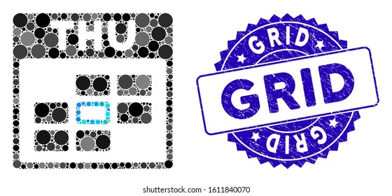 Mosaic Thursday calendar grid icon and grunge stamp seal with Grid phrase. Mosaic vector is formed with Thursday calendar grid icon and with random round items. Grid stamp uses blue color,