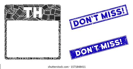 Mosaic Thursday calendar page pictogram and rectangular Don'T Miss! seal stamps. Flat vector Thursday calendar page mosaic icon of scattered rotated rectangular items.