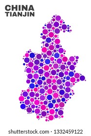 Mosaic Tianjin City map isolated on a white background. Vector geographic abstraction in pink and violet colors. Mosaic of Tianjin City map combined of scattered spheric elements.
