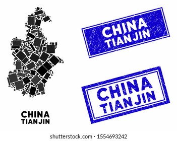 Mosaic Tianjin City map and rectangle stamps. Flat vector Tianjin City map mosaic of random rotated rectangular elements. Blue caption rubber stamps with rubber textures.