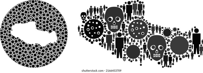 Mosaic Tibet map designed from sars virus icons and people and mortal elements. Evil virus Tibet map mosaic designed with sphere and cut out shape. Mosaics designed for clinic proclamations.