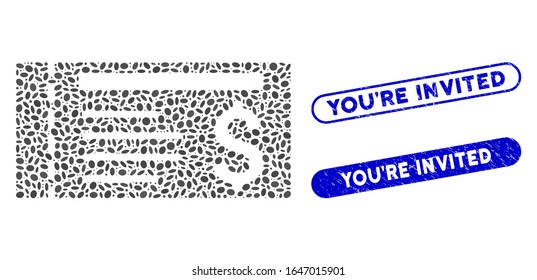 Mosaic ticket and distressed stamp watermarks with You'Re Invited text. Mosaic vector ticket is designed with scattered oval parts. You'Re Invited stamp seals use blue color,
