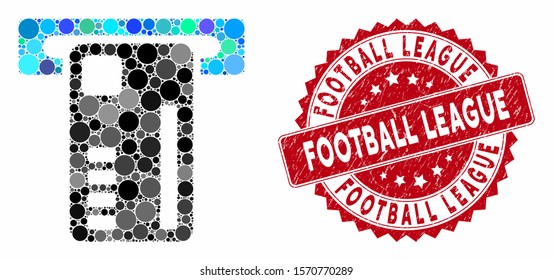 Mosaic ticket machine and rubber stamp seal with Football League phrase. Mosaic vector is designed with ticket machine icon and with scattered spheric elements. Football League stamp uses red color,