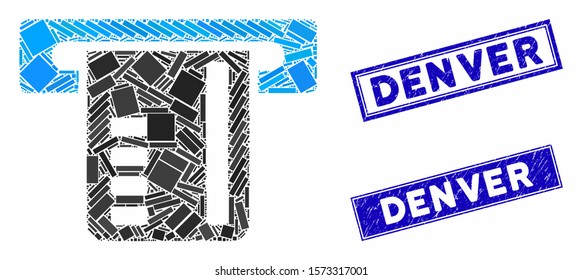 Mosaic ticket terminal pictogram and rectangular Denver rubber prints. Flat vector ticket terminal mosaic icon of random rotated rectangular elements. Blue Denver rubber seals with distress surface.