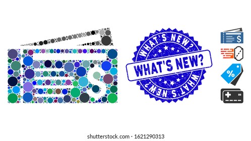Mosaic tickets icon and rubber stamp watermark with What'S New? text. Mosaic vector is composed with tickets icon and with random circle items. What'S New? stamp uses blue color, and grunged design.