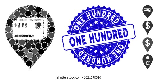 Mosaic tickets map marker icon and distressed stamp seal with One Hundred phrase. Mosaic vector is designed from tickets map marker icon and with scattered spheric items.