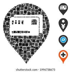 Mosaic Tickets map marker icon organized from square items in random sizes and color hues. Vector square items are combined into abstract mosaic tickets map marker icon. Bonus pictograms are placed.