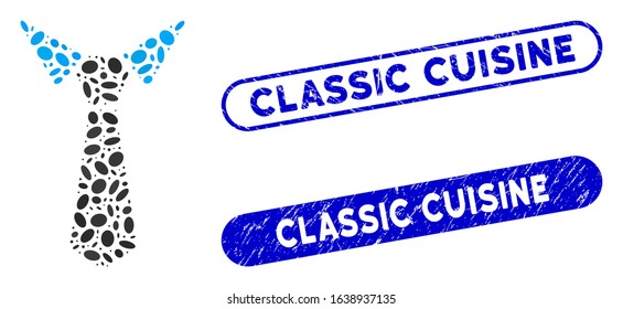 Mosaic tie and distressed stamp seals with Classic Cuisine caption. Mosaic vector tie is designed with randomized elliptic parts. Classic Cuisine seals use blue color, and have round rectangle shape.