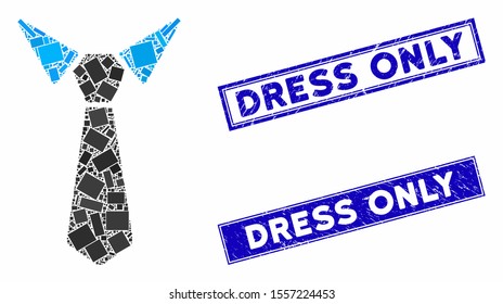 Mosaic tie pictogram and rectangular seal stamps. Flat vector tie mosaic pictogram of scattered rotated rectangular items. Blue caption stamps with rubber surface.