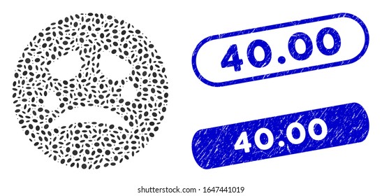 Mosaik besticht durch Smiley und korrodierte Wasserzeichen mit 40.00 Phrasen. Mosaikstämme der Vektorillustration bestehen aus randomisierten Ellipsenelementen. 40.00 Stempelsiegel verwenden blaue Farbe,