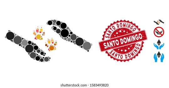 Mosaic tiger care hands icon and rubber stamp watermark with Santo Domingo text. Mosaic vector is designed with tiger care hands icon and with randomized circle elements.