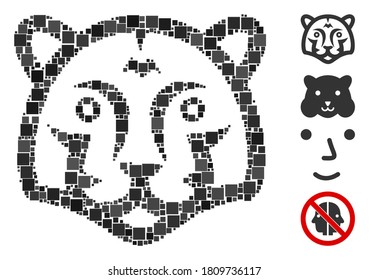 Mosaic Tiger head icon designed from square items in random sizes and color hues. Vector square items are composed into abstract mosaic tiger head icon. Bonus pictograms are placed.