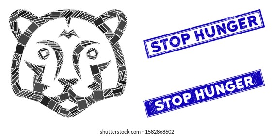 Mosaic tiger head pictogram and rectangle Stop Hunger seal stamps. Flat vector tiger head mosaic pictogram of randomized rotated rectangle elements. Blue Stop Hunger seal stamps with grunge surface.