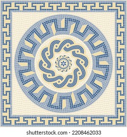 Mosaic tile with circular ornaments in blue, yellow and beige. For ceramics, tiles, ornaments, backgrounds and other projects.