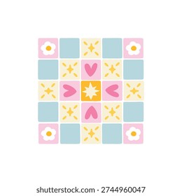 Mosaic tile isolate on white background with cute flowers stars and hearts in naive hand-drawn style. Pastel kawaii aesthetic element for postcard sticker nursery decor and stylish branding