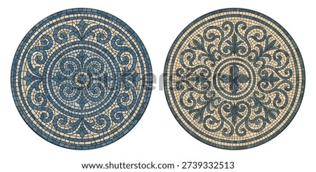 Mosaic tile pattern with circular ornament showcasing Roman-Greek design elements, perfect for Mediterranean-inspired interiors and decorative floor mosaic applications.