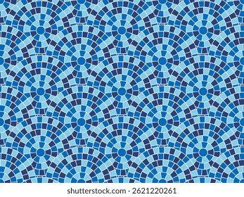 Motif de mosaïque Motif grec bleu texture de la mer arrière-plan Rome Image vectorielle circulaire ornement. Ancienne construction méditerranéenne pavement pavement radial design. Vintage Illustration de décoration de salle de bains italienne.