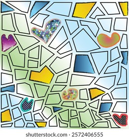 Mosaic tile pattern with shapes hearts in colorful designs for background Valentine and love surface and cute style for fashionable decoration clothes paper banner printed art silk screen and sticker