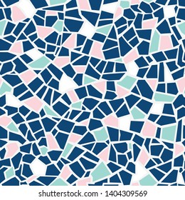 Mosaic tile seamless pattern. Vector pastel abstract background. For design and decorate backdrop. Endless texture. Ceramic fragments. Colorful broken tiles trencadis. Pink mint blue white colors art