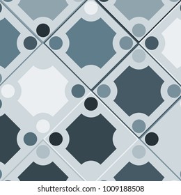 Mosaic Tiles Background with Greyscale Squares and Circles. Background for Tile, Fabric, Packaging Paper, Tablecloth, Banner, Textile. Surface Textures. Mosaic Tiles Background in Classic Style.