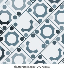 Mosaic Tiles Background with Greyscale Squares and Circles. Background for Tile, Fabric, Packaging Paper, Tablecloth, Banner, Textile. Surface Textures. Mosaic Tiles Background in Classic Style.