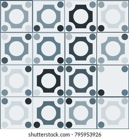 Mosaic Tiles Background with Greyscale Squares and Circles. Background for Tile, Fabric, Packaging Paper, Tablecloth, Banner, Textile. Surface Textures. Mosaic Tiles Background in Classic Style.