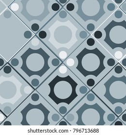 Mosaic Tiles Background with Greyscale Squares and Circles. Background for Tile, Fabric, Packaging Paper, Tablecloth, Banner, Textile. Surface Textures. Mosaic Tiles Background in Classic Style.