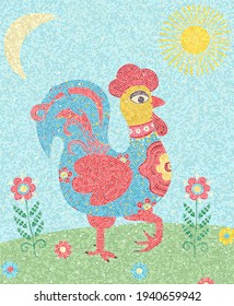 Mosaic tiles composition with a colored rooster on the field
