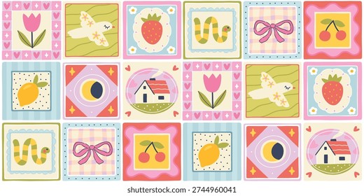 Mosaic tiles seamless pattern with cute house and strawberry. Horizontal vector border with bird, cherry, bow for washi tape design, kitchen textile, gift wrapping. Modern naive cottagecore doodle