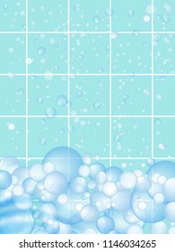 Mosaic tiles vertical background with soap bubbles floating. Bathroom or kitchen cleaners ads. Vector Illustration.