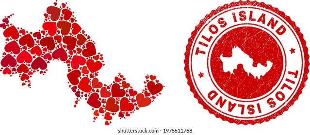 Mosaic Tilos Island map formed with red love hearts, and corroded seal stamp. Vector lovely round red rubber seal stamp imprint with Tilos Island map inside.