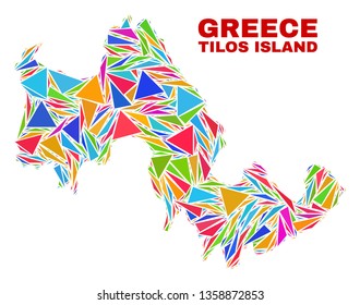 Mosaic Tilos Island map of triangles in bright colors isolated on a white background. Triangular collage in shape of Tilos Island map. Abstract design for patriotic illustrations.