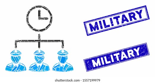 Mosaic time army icon and rectangle watermarks. Flat vector time army mosaic icon of random rotated rectangle elements. Blue caption stamps with scratched texture.
