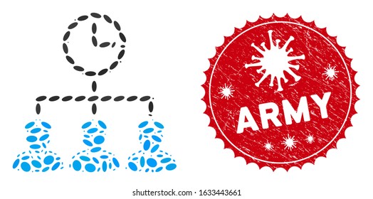 Mosaic time army icon and red round grunge stamp seal with Army text and coronavirus symbol. Mosaic vector is composed from time army icon and with random ellipse elements. Army stamp uses red color,