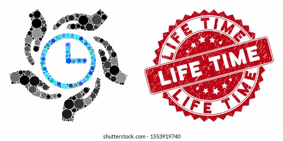 Mosaic time care and distressed stamp seal with Life Time caption. Mosaic vector is composed with time care icon and with randomized circle elements. Life Time stamp seal uses red color,