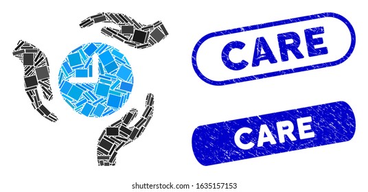 Mosaic time care hands and distressed stamp seals with Care caption. Mosaic vector time care hands is formed with random rectangle items. Care stamp seals use blue color,