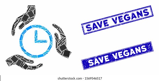 Mosaic time care icon and rectangle stamps. Flat vector time care mosaic icon of random rotated rectangle items. Blue caption stamps with grunged surface.