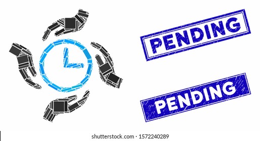 Mosaic time care icon and rectangle Pending seals. Flat vector time care mosaic icon of scattered rotated rectangle items. Blue Pending stamp imprints with scratched surface.